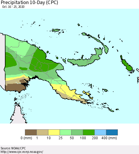 Papua New Guinea Precipitation 10-Day (CPC) Thematic Map For 10/16/2020 - 10/25/2020