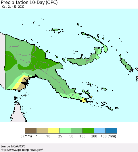 Papua New Guinea Precipitation 10-Day (CPC) Thematic Map For 10/21/2020 - 10/31/2020