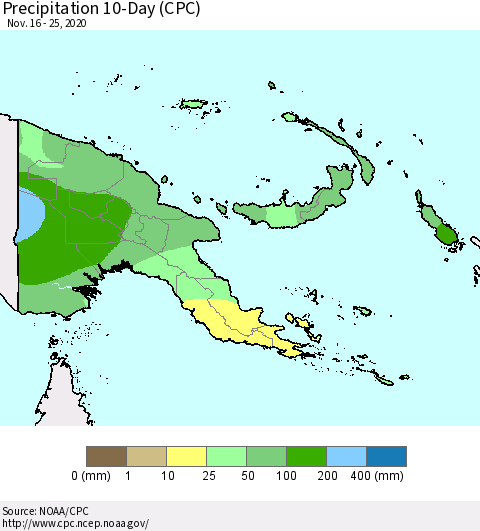 Papua New Guinea Precipitation 10-Day (CPC) Thematic Map For 11/16/2020 - 11/25/2020