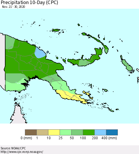 Papua New Guinea Precipitation 10-Day (CPC) Thematic Map For 11/21/2020 - 11/30/2020
