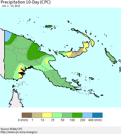 Papua New Guinea Precipitation 10-Day (CPC) Thematic Map For 1/1/2022 - 1/10/2022