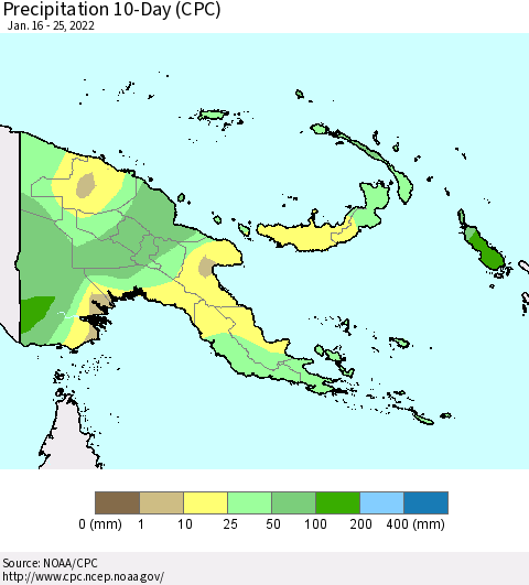 Papua New Guinea Precipitation 10-Day (CPC) Thematic Map For 1/16/2022 - 1/25/2022