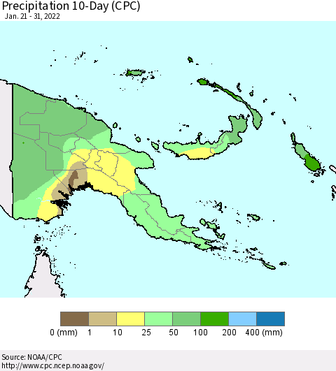 Papua New Guinea Precipitation 10-Day (CPC) Thematic Map For 1/21/2022 - 1/31/2022