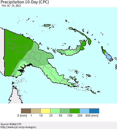 Papua New Guinea Precipitation 10-Day (CPC) Thematic Map For 2/16/2022 - 2/25/2022