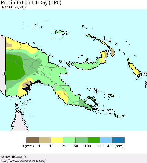 Papua New Guinea Precipitation 10-Day (CPC) Thematic Map For 3/11/2022 - 3/20/2022
