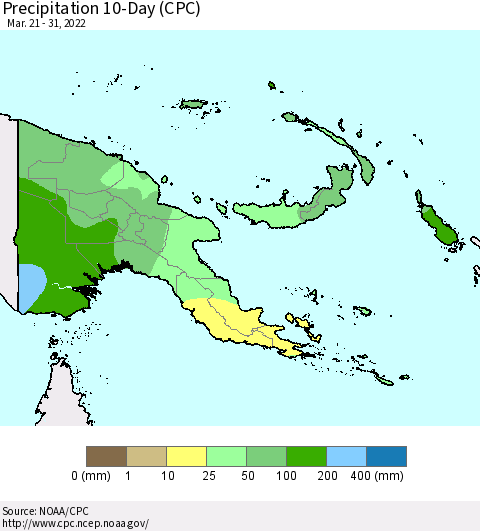 Papua New Guinea Precipitation 10-Day (CPC) Thematic Map For 3/21/2022 - 3/31/2022