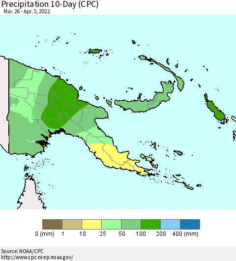 Papua New Guinea Precipitation 10-Day (CPC) Thematic Map For 3/26/2022 - 4/5/2022