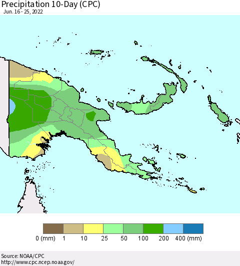 Papua New Guinea Precipitation 10-Day (CPC) Thematic Map For 6/16/2022 - 6/25/2022