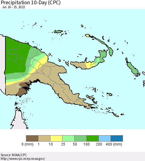 Papua New Guinea Precipitation 10-Day (CPC) Thematic Map For 7/16/2022 - 7/25/2022