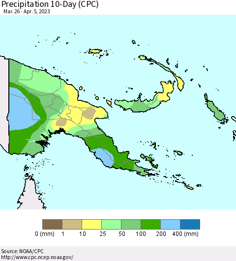 Papua New Guinea Precipitation 10-Day (CPC) Thematic Map For 3/26/2023 - 4/5/2023