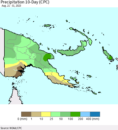 Papua New Guinea Precipitation 10-Day (CPC) Thematic Map For 8/21/2023 - 8/31/2023