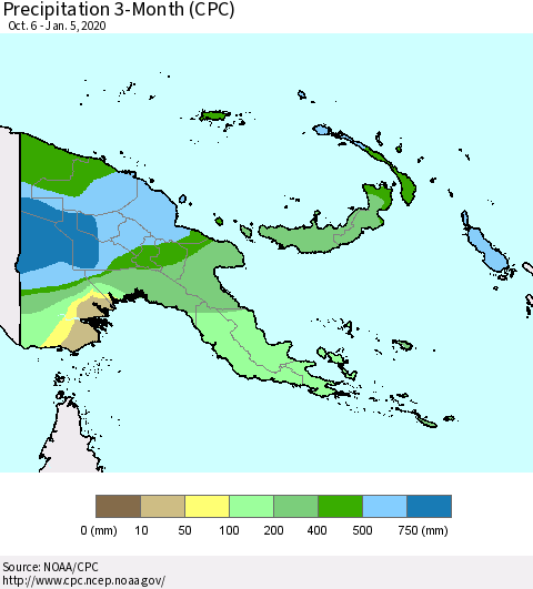 Papua New Guinea Precipitation 3-Month (CPC) Thematic Map For 10/6/2019 - 1/5/2020