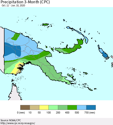 Papua New Guinea Precipitation 3-Month (CPC) Thematic Map For 10/11/2019 - 1/10/2020