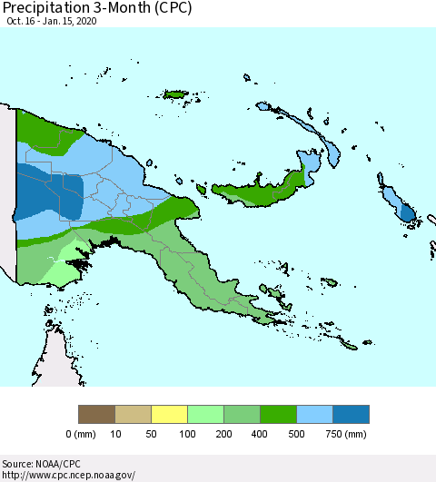 Papua New Guinea Precipitation 3-Month (CPC) Thematic Map For 10/16/2019 - 1/15/2020