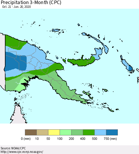Papua New Guinea Precipitation 3-Month (CPC) Thematic Map For 10/21/2019 - 1/20/2020