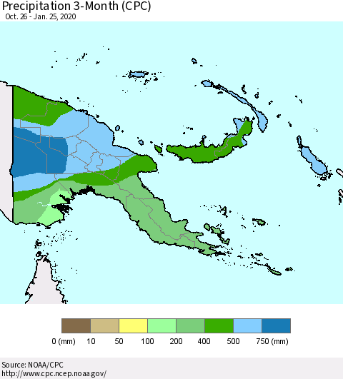Papua New Guinea Precipitation 3-Month (CPC) Thematic Map For 10/26/2019 - 1/25/2020
