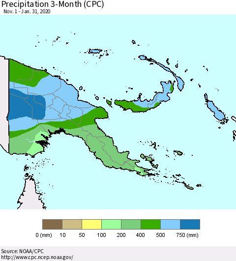 Papua New Guinea Precipitation 3-Month (CPC) Thematic Map For 11/1/2019 - 1/31/2020