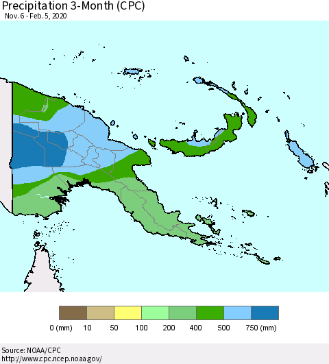 Papua New Guinea Precipitation 3-Month (CPC) Thematic Map For 11/6/2019 - 2/5/2020