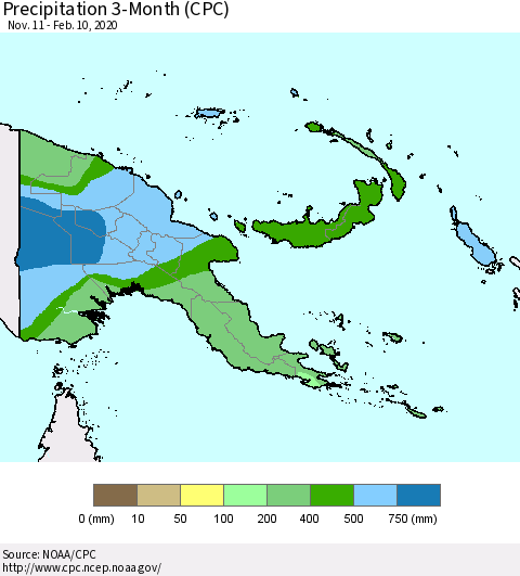 Papua New Guinea Precipitation 3-Month (CPC) Thematic Map For 11/11/2019 - 2/10/2020