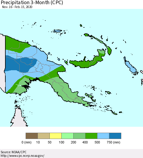 Papua New Guinea Precipitation 3-Month (CPC) Thematic Map For 11/16/2019 - 2/15/2020