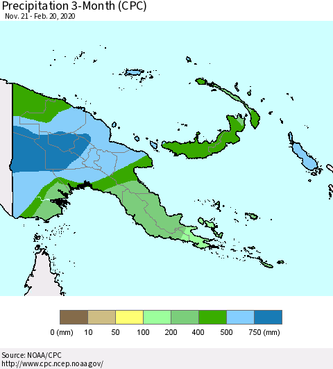 Papua New Guinea Precipitation 3-Month (CPC) Thematic Map For 11/21/2019 - 2/20/2020