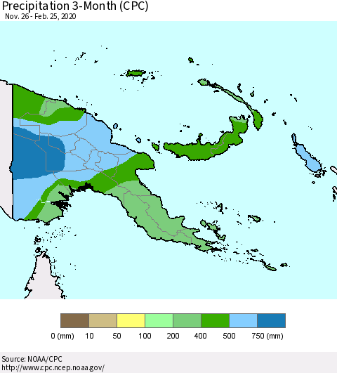 Papua New Guinea Precipitation 3-Month (CPC) Thematic Map For 11/26/2019 - 2/25/2020
