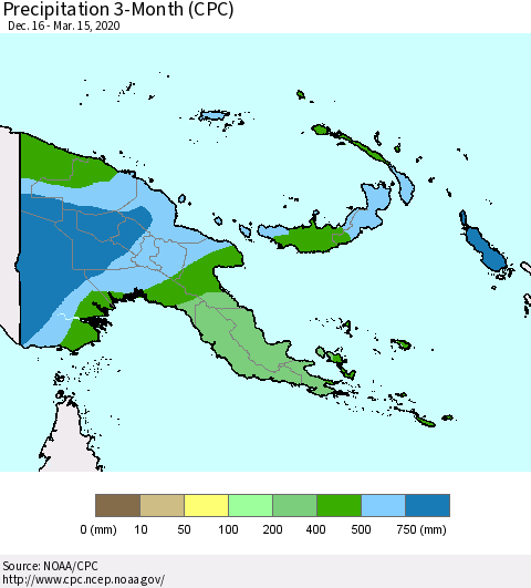 Papua New Guinea Precipitation 3-Month (CPC) Thematic Map For 12/16/2019 - 3/15/2020