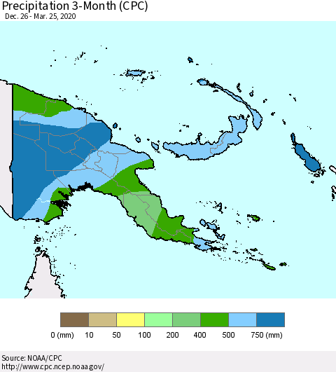 Papua New Guinea Precipitation 3-Month (CPC) Thematic Map For 12/26/2019 - 3/25/2020