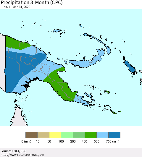 Papua New Guinea Precipitation 3-Month (CPC) Thematic Map For 1/1/2020 - 3/31/2020