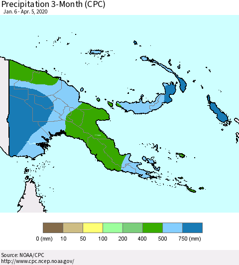 Papua New Guinea Precipitation 3-Month (CPC) Thematic Map For 1/6/2020 - 4/5/2020