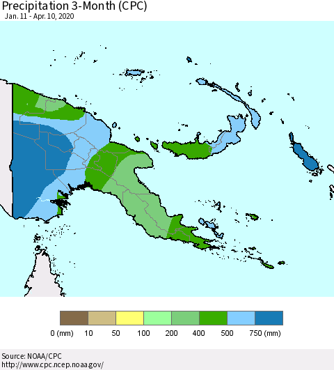 Papua New Guinea Precipitation 3-Month (CPC) Thematic Map For 1/11/2020 - 4/10/2020