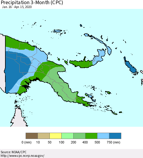 Papua New Guinea Precipitation 3-Month (CPC) Thematic Map For 1/16/2020 - 4/15/2020