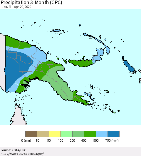 Papua New Guinea Precipitation 3-Month (CPC) Thematic Map For 1/21/2020 - 4/20/2020