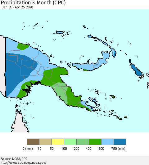 Papua New Guinea Precipitation 3-Month (CPC) Thematic Map For 1/26/2020 - 4/25/2020