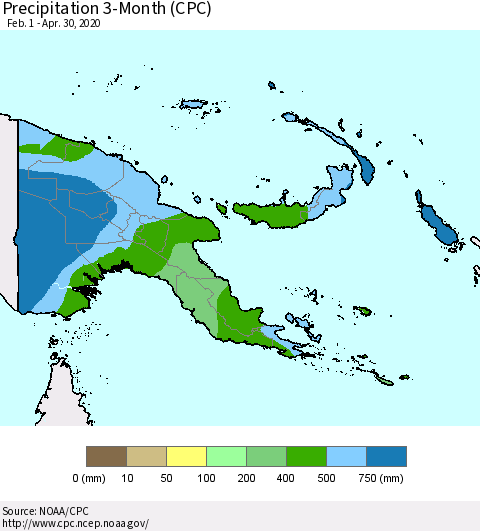 Papua New Guinea Precipitation 3-Month (CPC) Thematic Map For 2/1/2020 - 4/30/2020