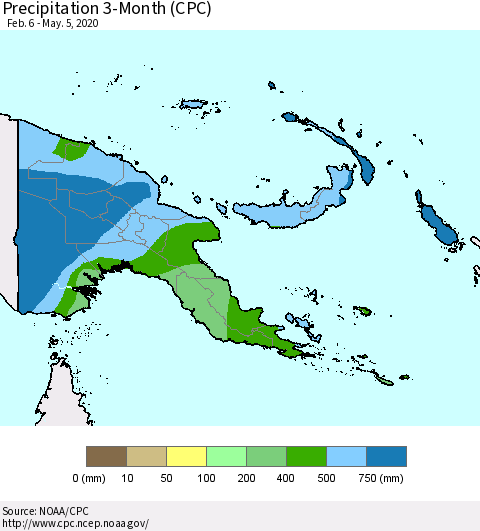 Papua New Guinea Precipitation 3-Month (CPC) Thematic Map For 2/6/2020 - 5/5/2020