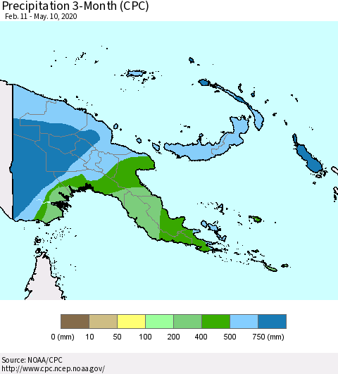 Papua New Guinea Precipitation 3-Month (CPC) Thematic Map For 2/11/2020 - 5/10/2020