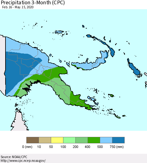 Papua New Guinea Precipitation 3-Month (CPC) Thematic Map For 2/16/2020 - 5/15/2020