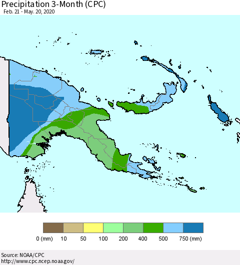 Papua New Guinea Precipitation 3-Month (CPC) Thematic Map For 2/21/2020 - 5/20/2020