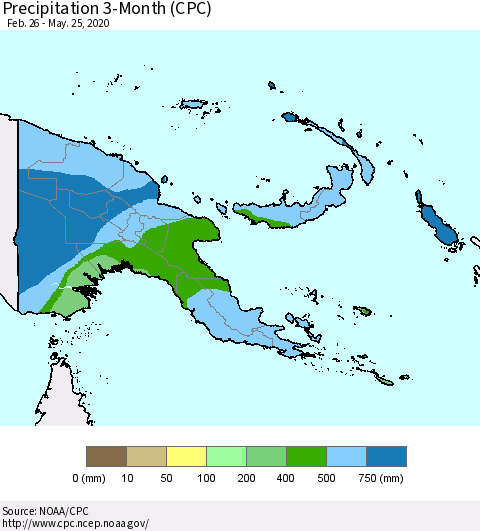 Papua New Guinea Precipitation 3-Month (CPC) Thematic Map For 2/26/2020 - 5/25/2020