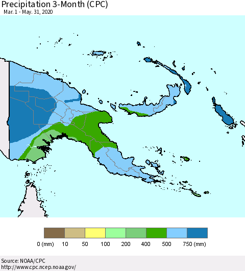 Papua New Guinea Precipitation 3-Month (CPC) Thematic Map For 3/1/2020 - 5/31/2020