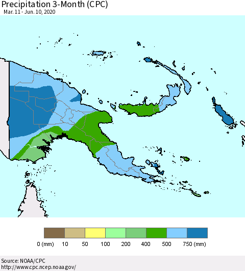 Papua New Guinea Precipitation 3-Month (CPC) Thematic Map For 3/11/2020 - 6/10/2020