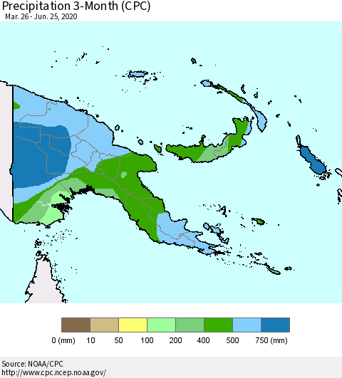 Papua New Guinea Precipitation 3-Month (CPC) Thematic Map For 3/26/2020 - 6/25/2020