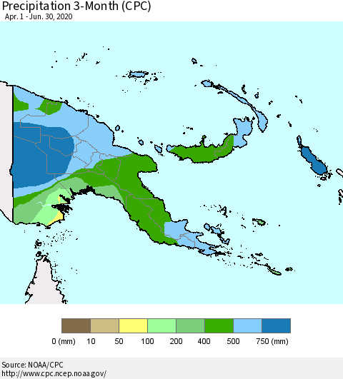 Papua New Guinea Precipitation 3-Month (CPC) Thematic Map For 4/1/2020 - 6/30/2020