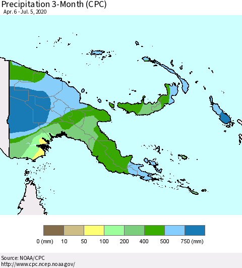 Papua New Guinea Precipitation 3-Month (CPC) Thematic Map For 4/6/2020 - 7/5/2020