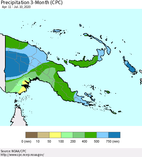 Papua New Guinea Precipitation 3-Month (CPC) Thematic Map For 4/11/2020 - 7/10/2020