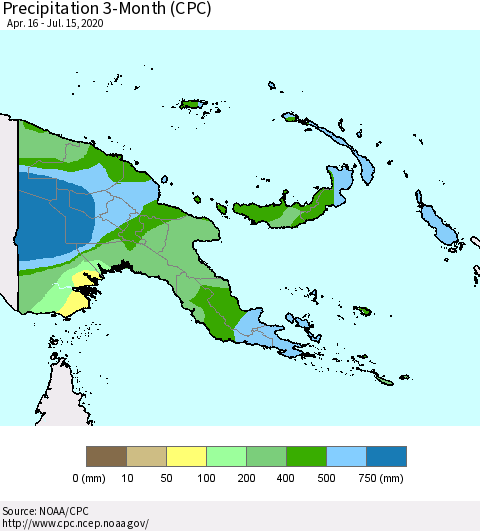 Papua New Guinea Precipitation 3-Month (CPC) Thematic Map For 4/16/2020 - 7/15/2020
