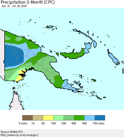 Papua New Guinea Precipitation 3-Month (CPC) Thematic Map For 4/21/2020 - 7/20/2020
