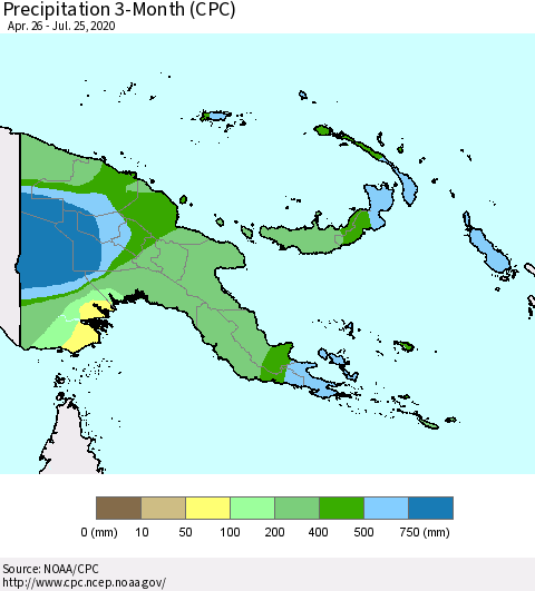 Papua New Guinea Precipitation 3-Month (CPC) Thematic Map For 4/26/2020 - 7/25/2020