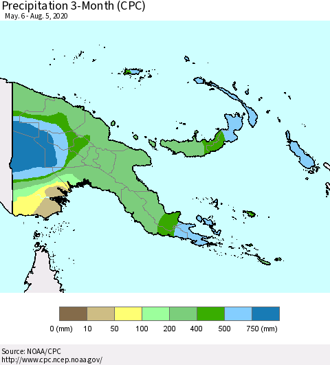 Papua New Guinea Precipitation 3-Month (CPC) Thematic Map For 5/6/2020 - 8/5/2020